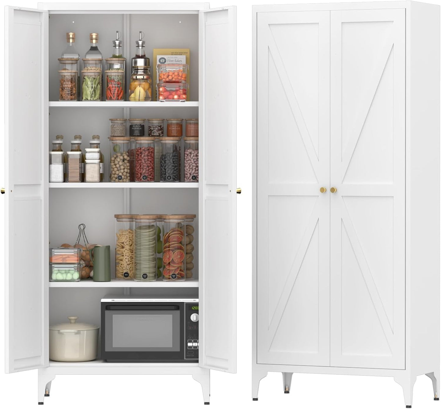 65" H Metal Storage Cabinet with Doors and Adjustable Shelves, Kitchen Food Pantry Cabinet, White Steel Cabinets Locker for Kitchen, Bedroom, Dining Room, Office
