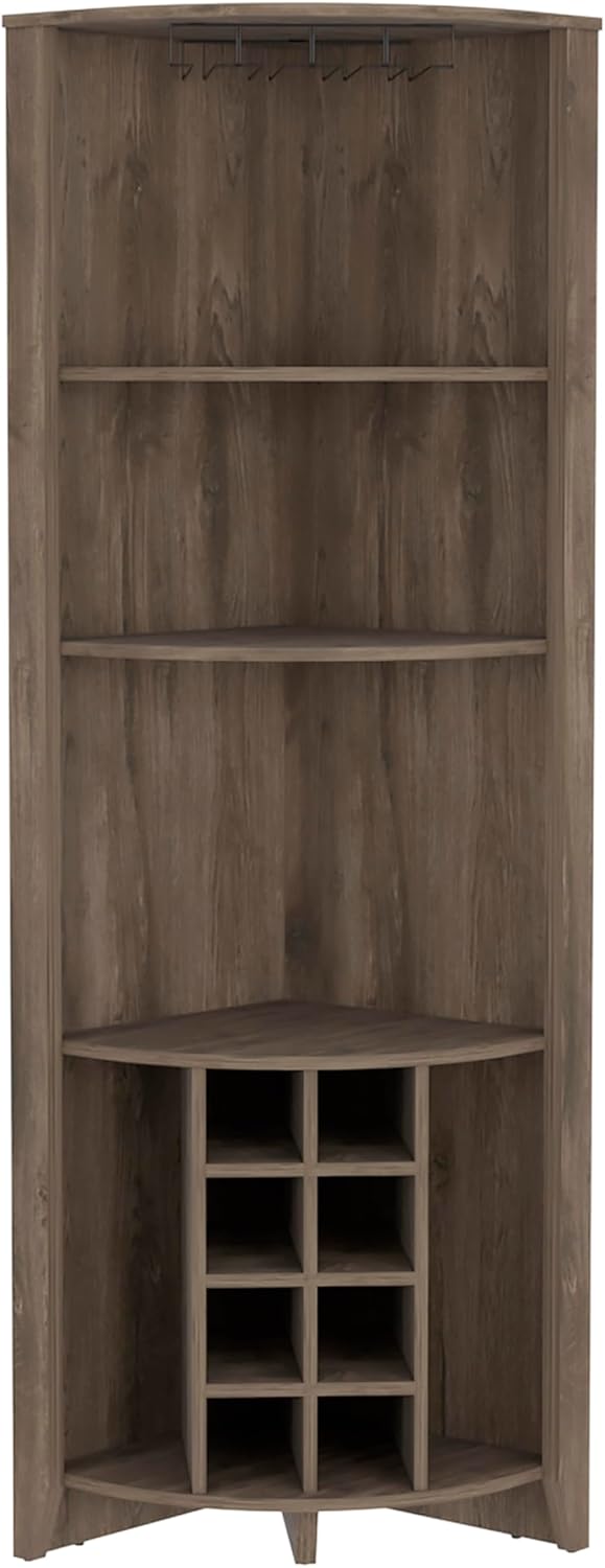 Penau Corner Bar Cabinet Three Shelves Eight Built-in Wine Rack Two Side Shelves Dark Brown 19.20 x 19.20 x 71.10 Inchs