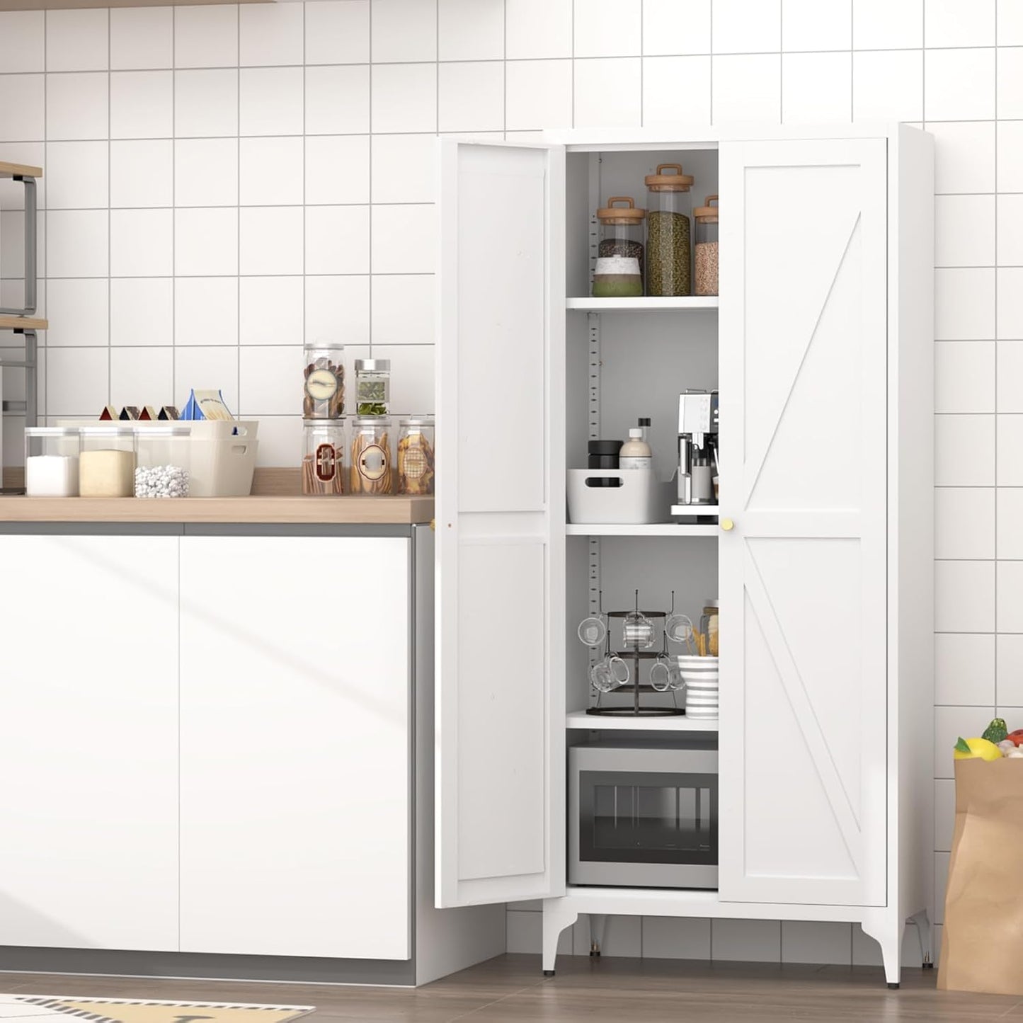 65" H Metal Storage Cabinet with Doors and Adjustable Shelves, Kitchen Food Pantry Cabinet, White Steel Cabinets Locker for Kitchen, Bedroom, Dining Room, Office