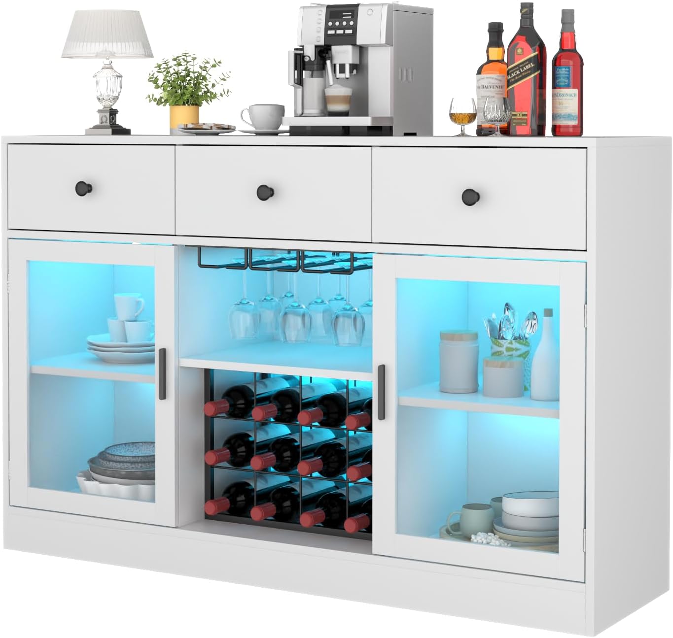 Bar Cabinet for Home with LED Light, Coffee Bar Cabinet with Wine & Glass Rack, Wine Cabinets with Drawers & Microwave Stand, Modern Liquor Cabinets for Kitchen, Living Room, Dining Room (Black)