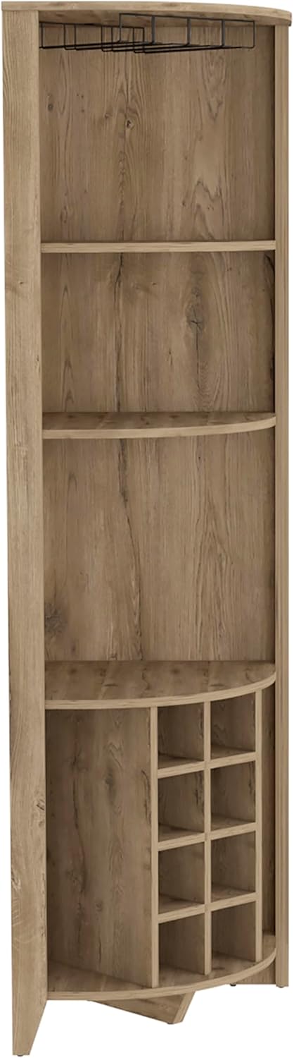 Corner Bar Cabinet, Three Shelves, Eight Built in Wine Rack, Two Side Shelves Macadamia