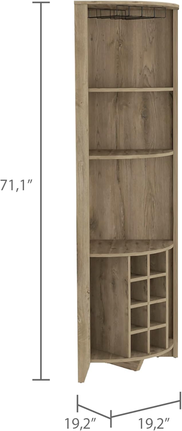 Corner Bar Cabinet, Three Shelves, Eight Built in Wine Rack, Two Side Shelves Macadamia