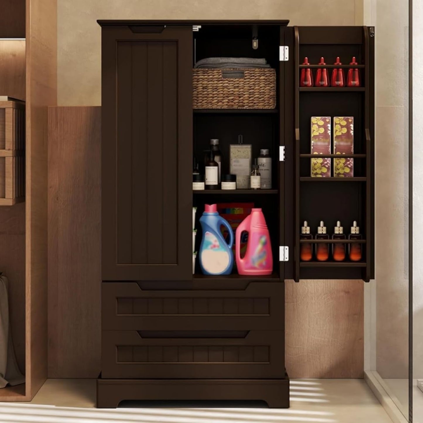 Gizoon Kitchen Pantry Storage Cabinet with Drawers Freestanding Bathroom Storage Cabinets with Doors and Shelves, 47" Small Wooden Food Pantry Cabinet for Dining Room Craft Room, Dark Brown