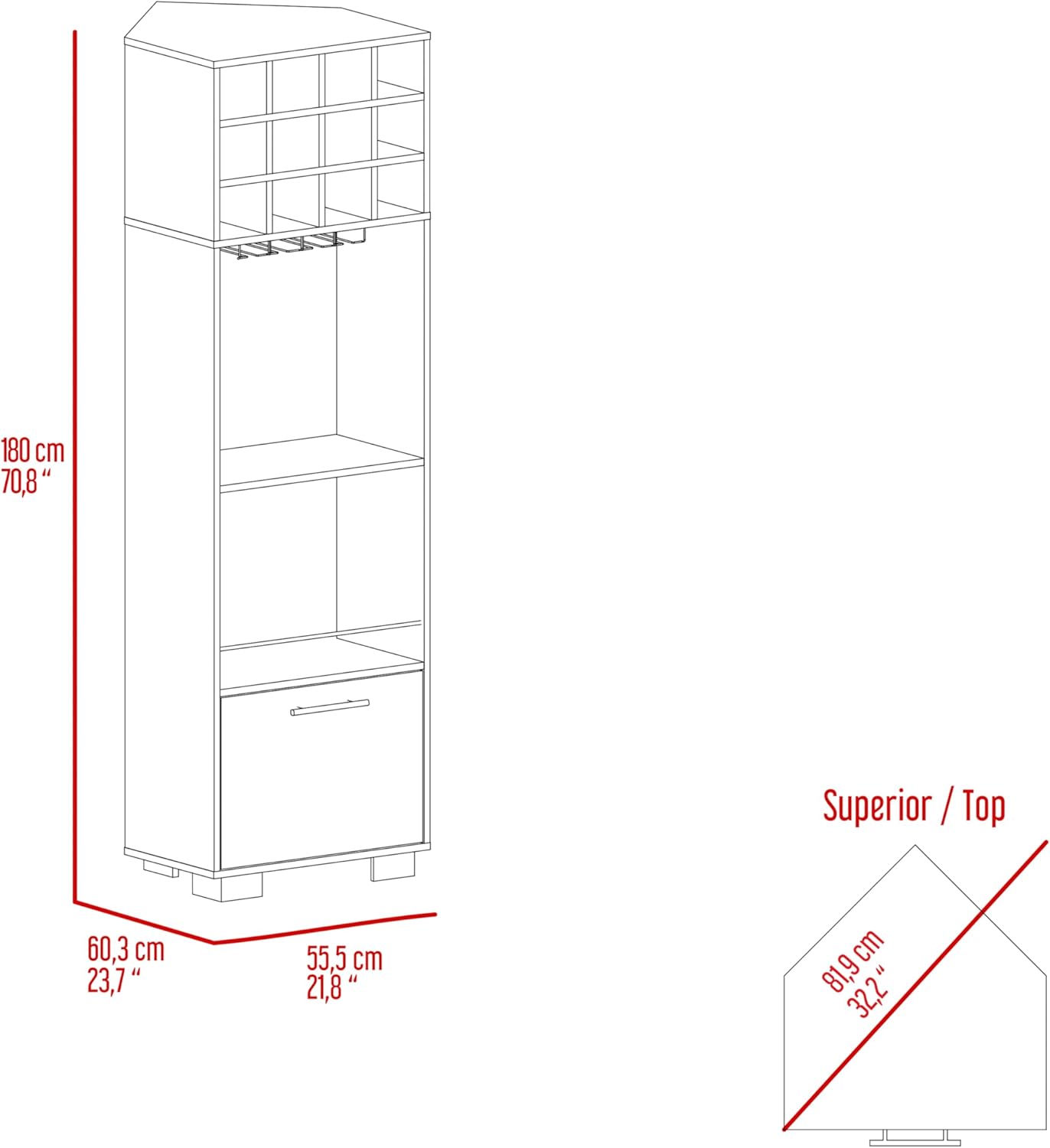 Penau Modern Corner Bar Cabinet with Twelve Built-in Wine Racks Two Side Shelves and One Flexible Drawer Particle Board Light Oak Finish 21.9 x 23.7 x 70.9 Inchs
