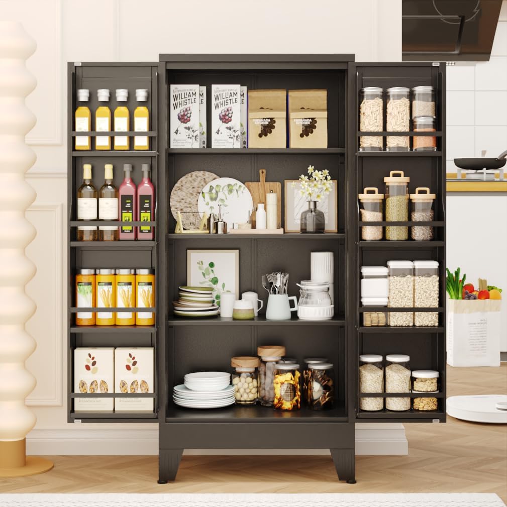 White Metal Kitchen Storage Cabinet, Kitchen Pantry Storage Cabinet with Doors and Shelves, Storage Cabinet with Adjustable Leveling Foot for Kitchen, Living Room and Dining Room. 61" H