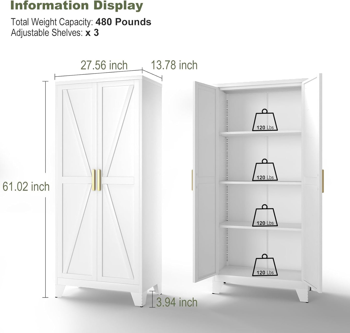White Farmhouse Storage Kitchen Pantry Cabinet with 2 Barn Door, 3 Adjustable Shelves and Legs, for Cupboard/Dining Room/Bathroom/Living Room/Office/Laundry Room (White, 61" Farmhouse)