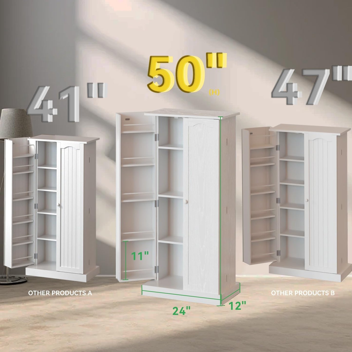 50" LED Kitchen Pantry Cabinet White Storage Cabinet Food Pantry with Doors and Adjustable Shelves Freestanding Buffet Cupboards Sideboard for Kitchen Living Room and Dinning Room