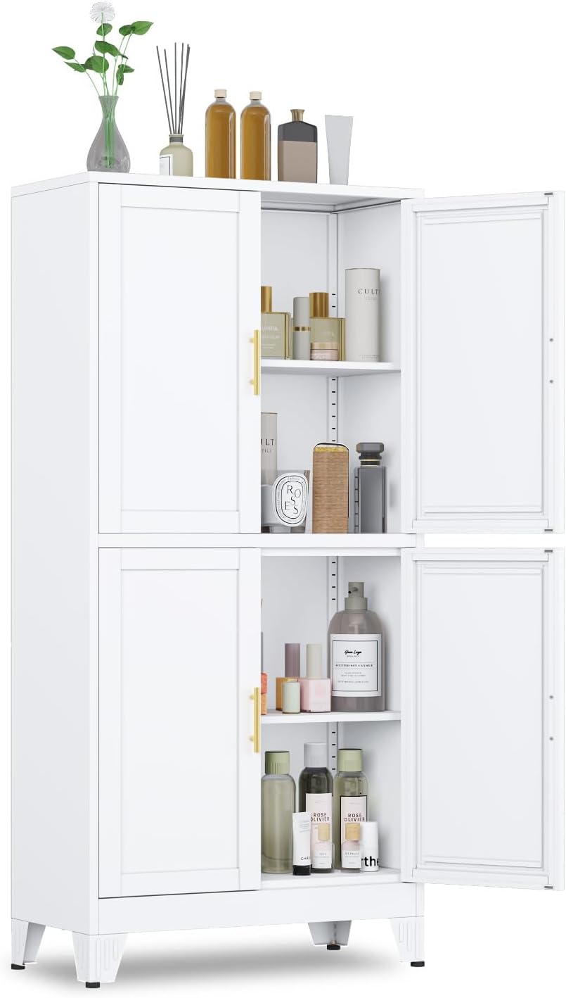 51" Metal Kitchen Pantry Cabinet, Storage Cabinets with 2 Door and 3 Adjustable Shelves, White Freestanding Food Storage Cabinet, Steel Cupboard for Kitchen Dinning Room