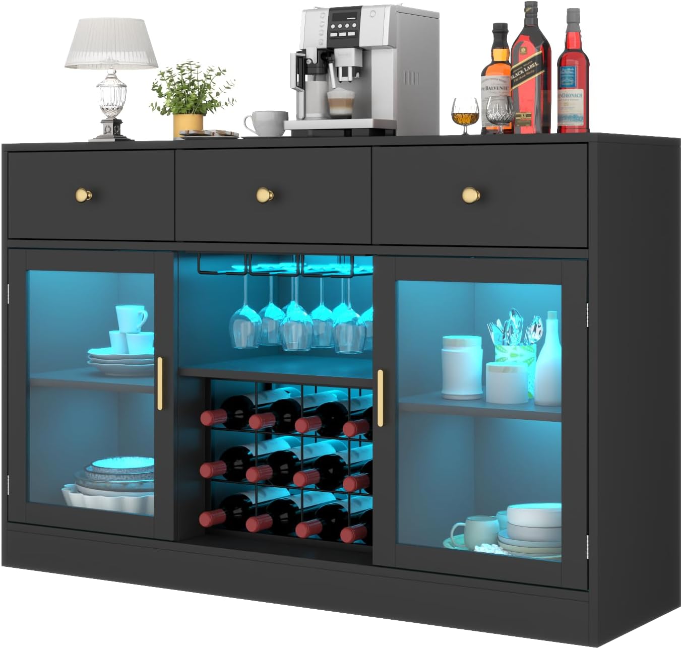 Bar Cabinet for Home with LED Light, Coffee Bar Cabinet with Wine & Glass Rack, Wine Cabinets with Drawers & Microwave Stand, Modern Liquor Cabinets for Kitchen, Living Room, Dining Room (Black)