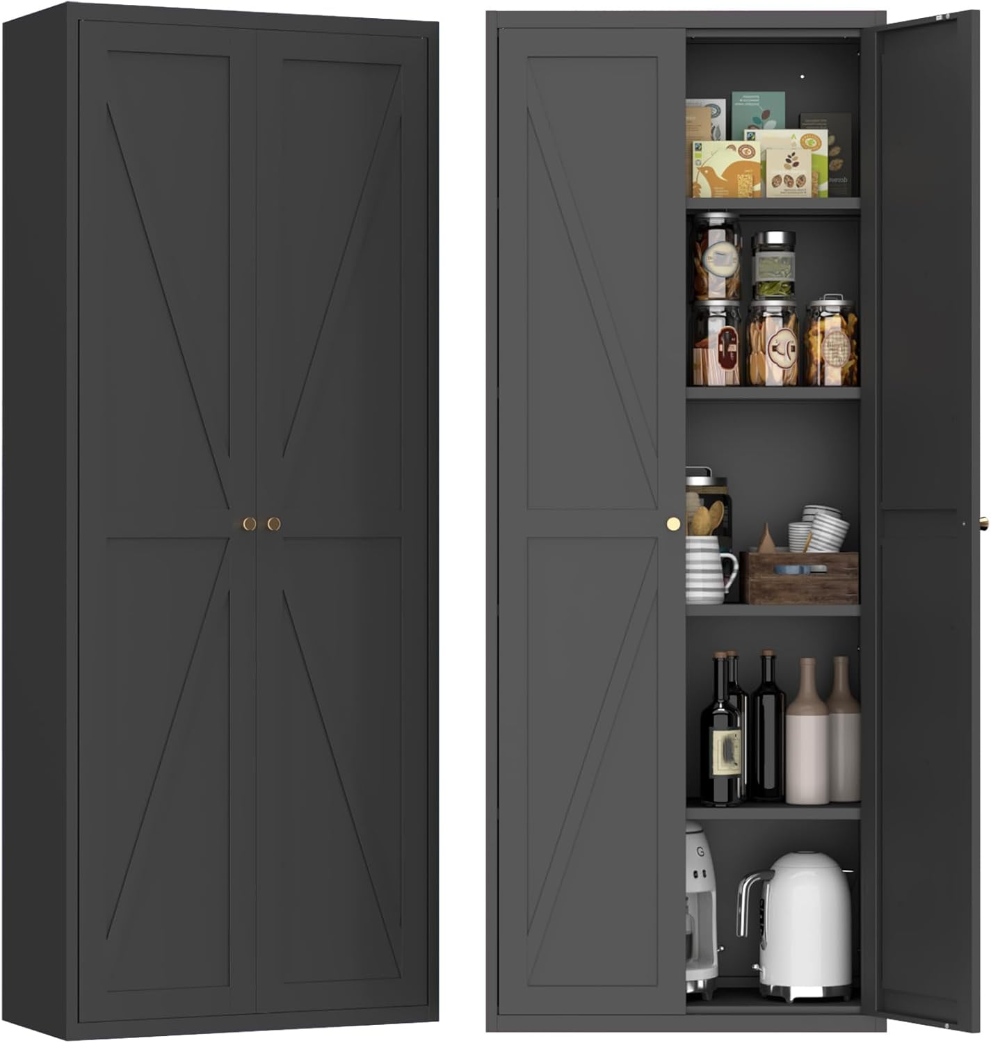 65" H Metal Storage Cabinet with Doors and Adjustable Shelves, Kitchen Food Pantry Cabinet, White Steel Cabinets Locker for Kitchen, Bedroom, Dining Room, Office