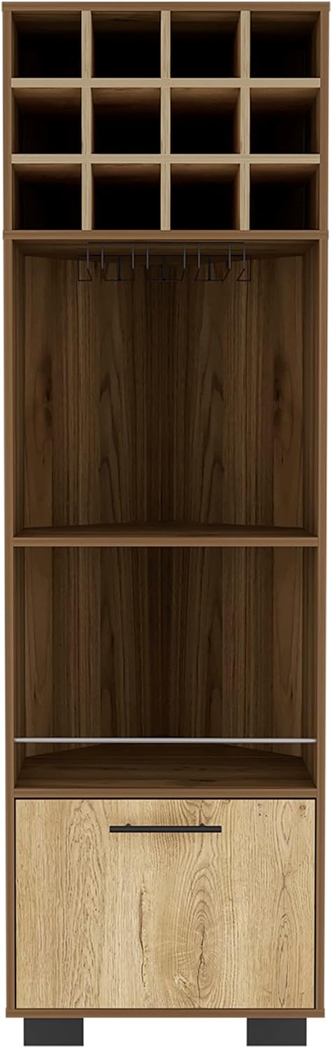 Penau Modern Corner Bar Cabinet with Twelve Built-in Wine Racks Two Side Shelves and One Flexible Drawer Particle Board Light Oak Finish 21.9 x 23.7 x 70.9 Inchs