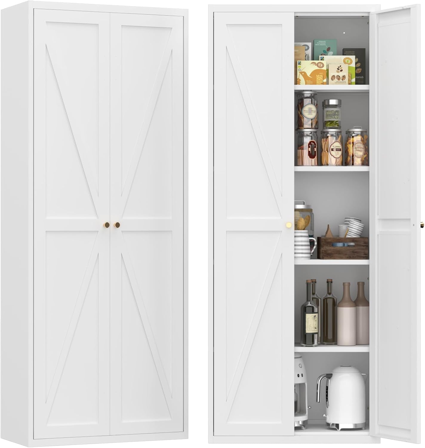 65" H Metal Storage Cabinet with Doors and Adjustable Shelves, Kitchen Food Pantry Cabinet, White Steel Cabinets Locker for Kitchen, Bedroom, Dining Room, Office