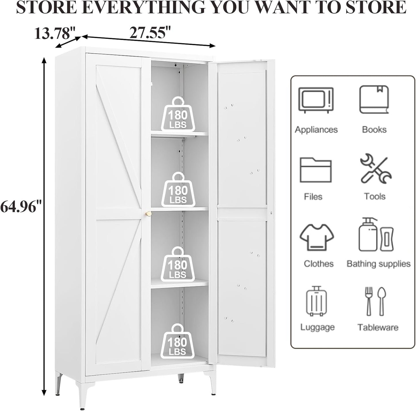 65" H Metal Storage Cabinet with Doors and Adjustable Shelves, Kitchen Food Pantry Cabinet, White Steel Cabinets Locker for Kitchen, Bedroom, Dining Room, Office