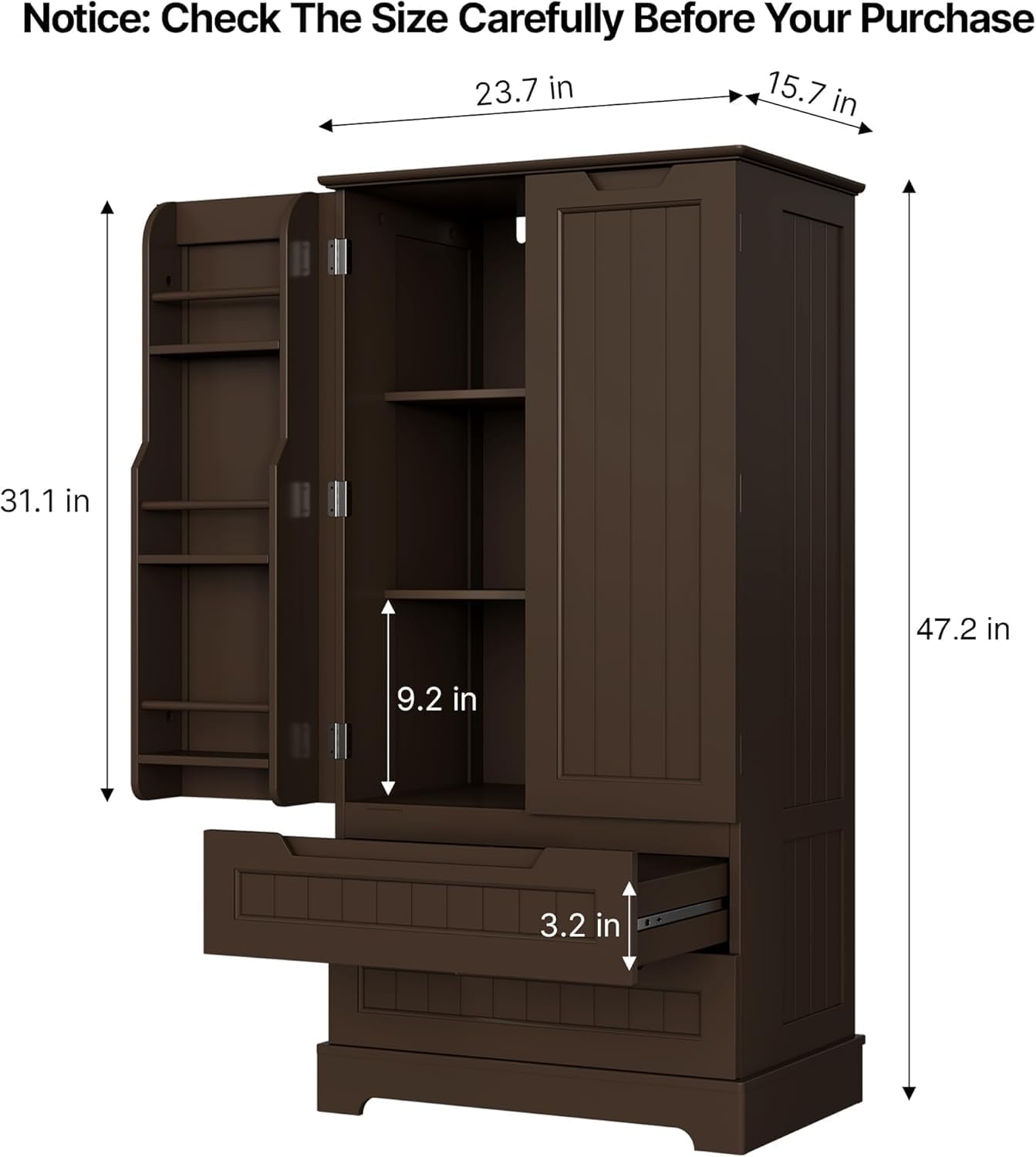 Gizoon Kitchen Pantry Storage Cabinet with Drawers Freestanding Bathroom Storage Cabinets with Doors and Shelves, 47" Small Wooden Food Pantry Cabinet for Dining Room Craft Room, Dark Brown