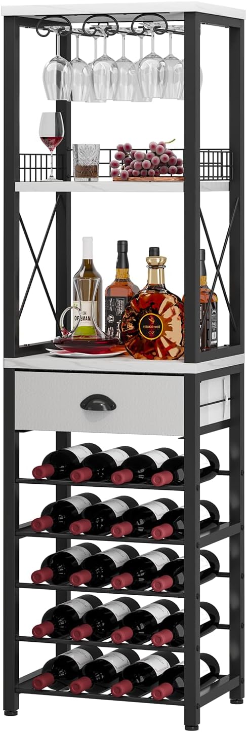 Homeiju Wine Rack Freestanding Floor, Bar Cabinet for Liquor and Glasses, 4-Tier bar Cabinet with Tabletop, Glass Holder, Storage Drawer and Wine Storage for Living Room (Patent No.D29872845)