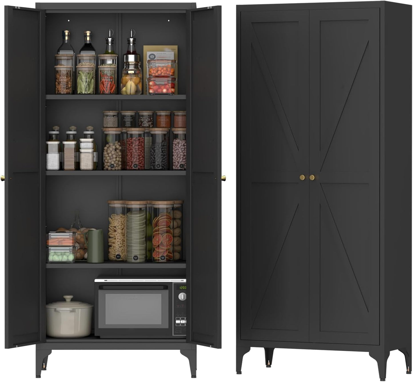 65" H Metal Storage Cabinet with Doors and Adjustable Shelves, Kitchen Food Pantry Cabinet, White Steel Cabinets Locker for Kitchen, Bedroom, Dining Room, Office