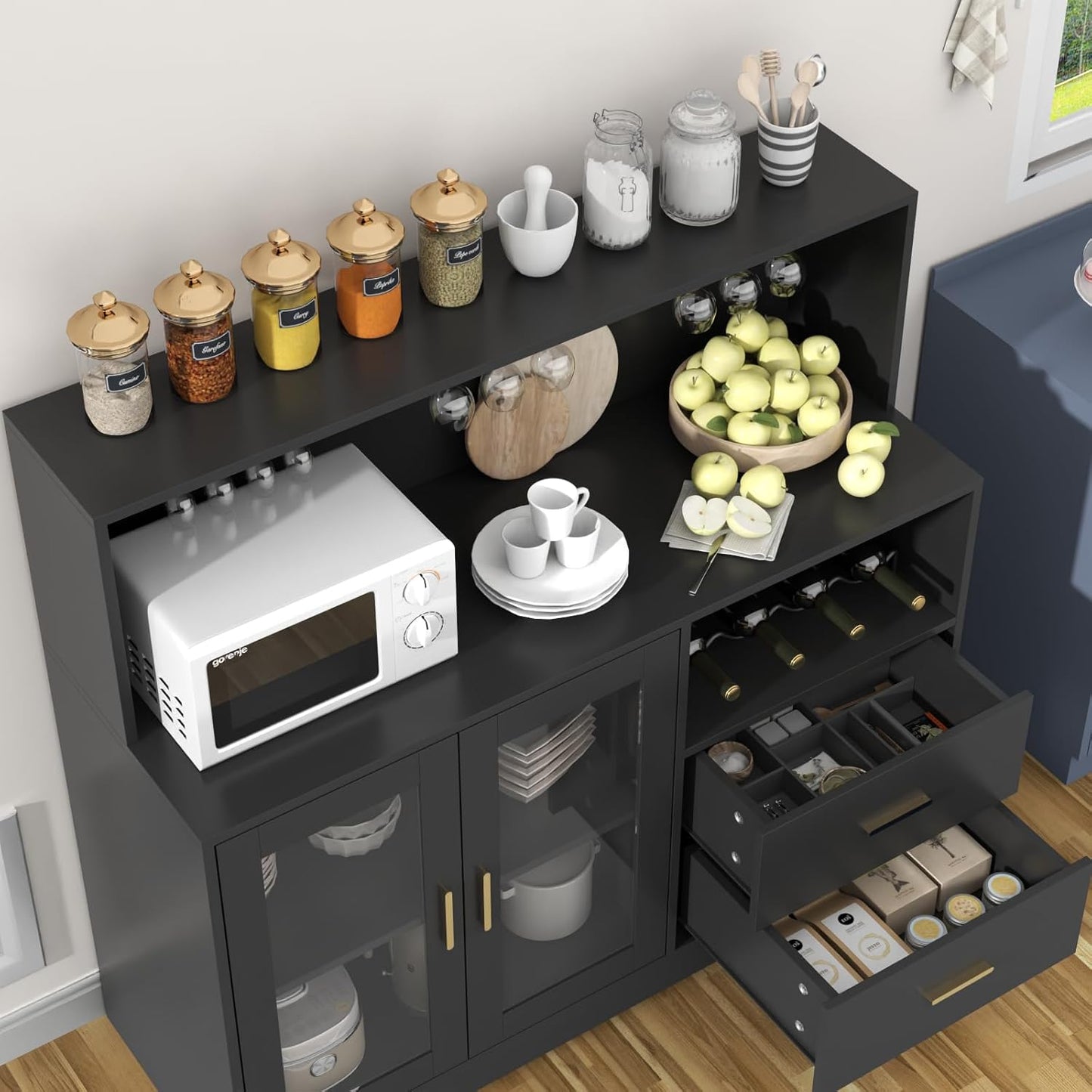 Bar Cabinet for Home with LED Light, Coffee Bar Cabinet with Wine & Glass Rack, Wine Cabinets with Drawers & Microwave Stand, Modern Liquor Cabinets for Kitchen, Living Room, Dining Room (Black)