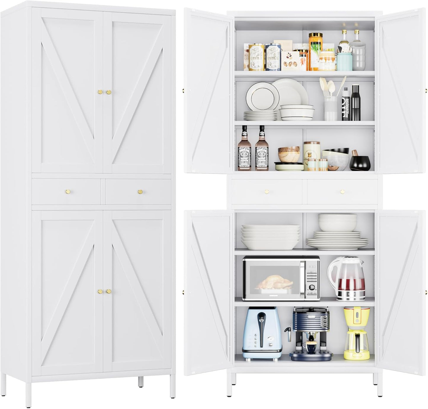Tall Kitchen Pantry Cabinet, Metal Display Storage Cabinets with 4 Doors/2 Drawers for Kitchen Home Office Living Room, Assembly Required