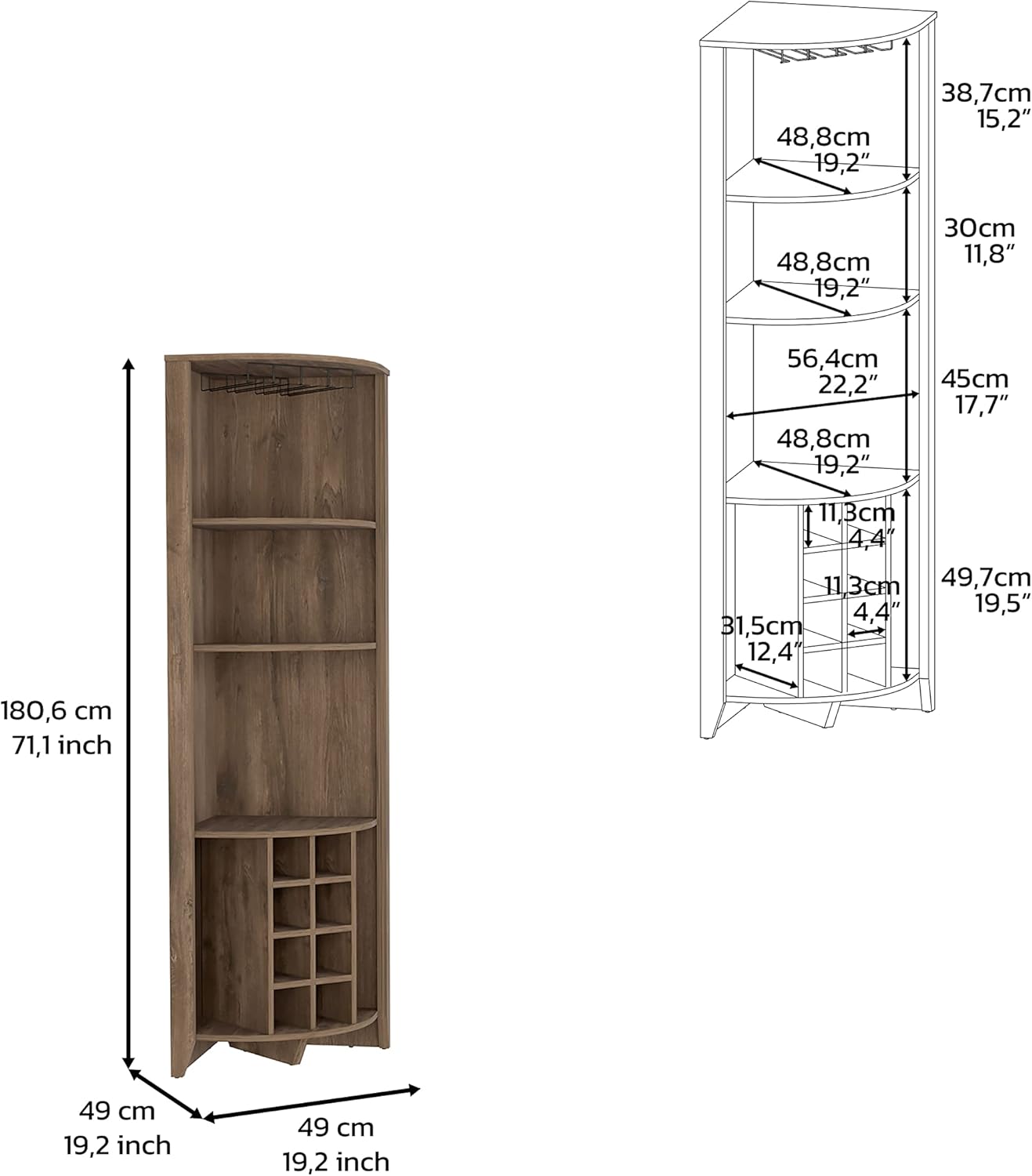 Penau Corner Bar Cabinet Three Shelves Eight Built-in Wine Rack Two Side Shelves Dark Brown 19.20 x 19.20 x 71.10 Inchs