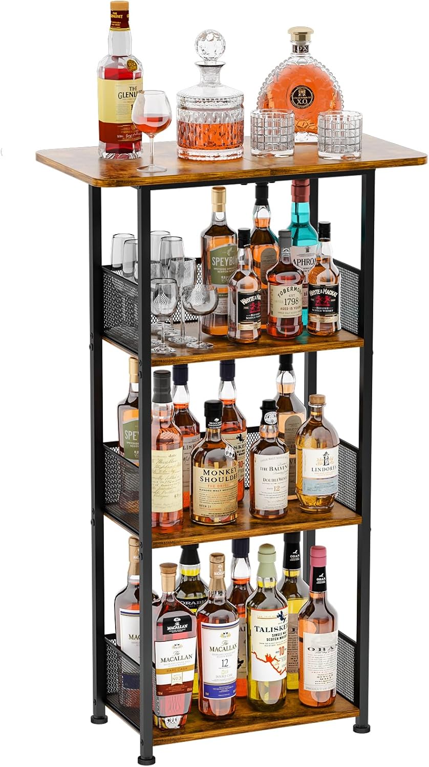 Floor Standing Freestanding Whiskey Rack: 3 Tier Wine Rack Mini Bar Table Corner Wine Bottle Display Stand Liquor Cabinet Bar, for Bottles,Cocktail Shaker,Mugs