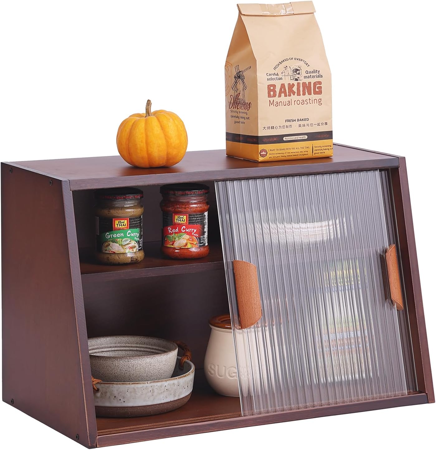 Tiita Small Kitchen Pantry Cabinet, Bamboo Wall Sideboard with Glass Doors, Cupboard Food Pantry Cabinet for Kitchen, Living Room and Dinning Bedroom