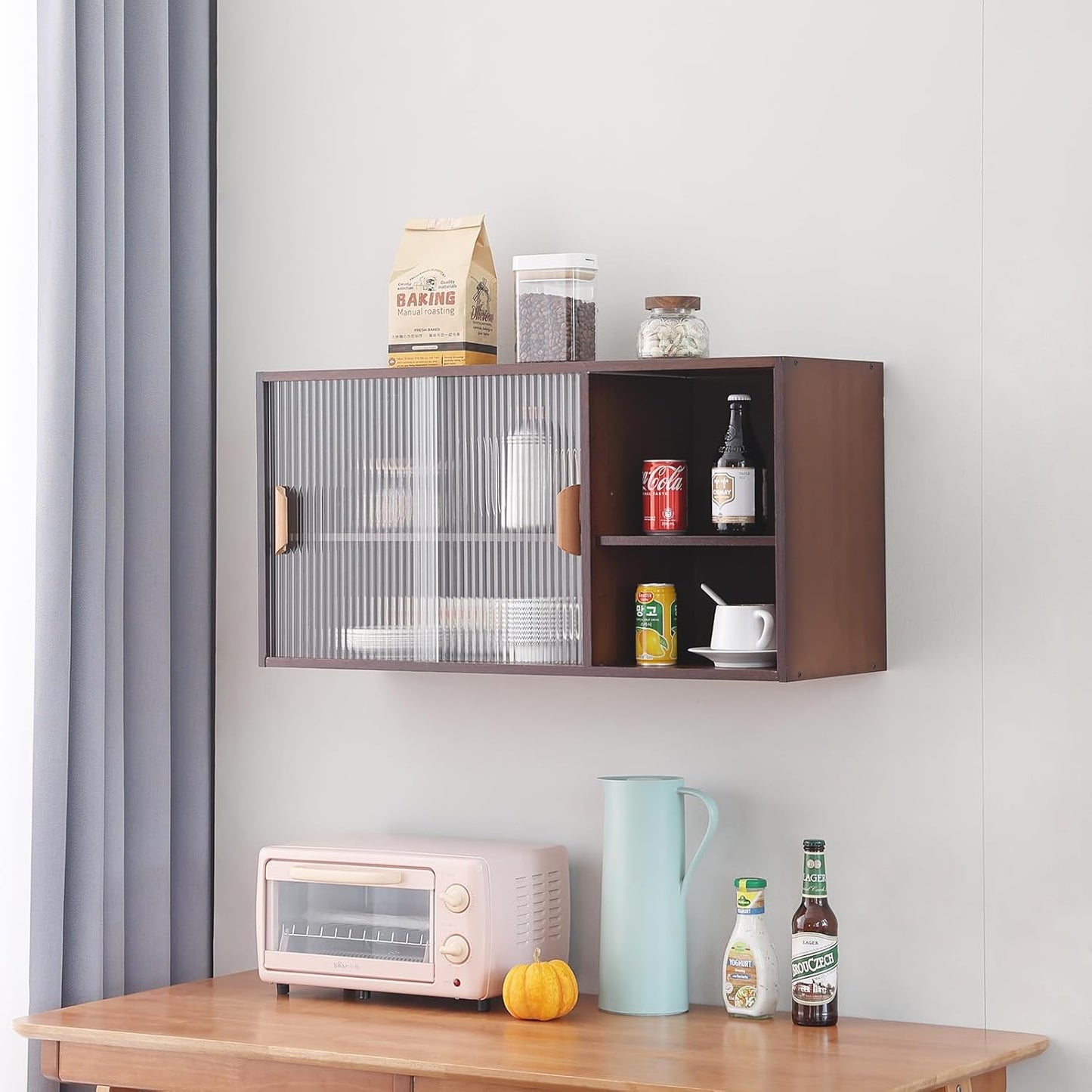 Tiita Small Kitchen Pantry Cabinet, Bamboo Wall Sideboard with Glass Doors, Cupboard Food Pantry Cabinet for Kitchen, Living Room and Dinning Bedroom