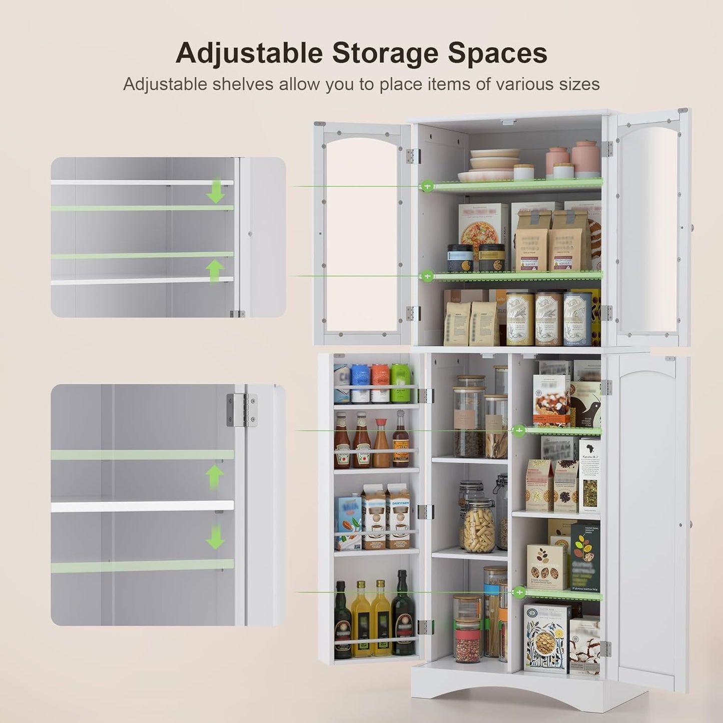 Gizoon 64" Kitchen Pantry Cabinet, Tall Storage Cabinet with Glass Doors and Adjustable Shelves, Freestanding Floor Cabinet Cupboard for Kitchen, Living Room, Dining Room (White)