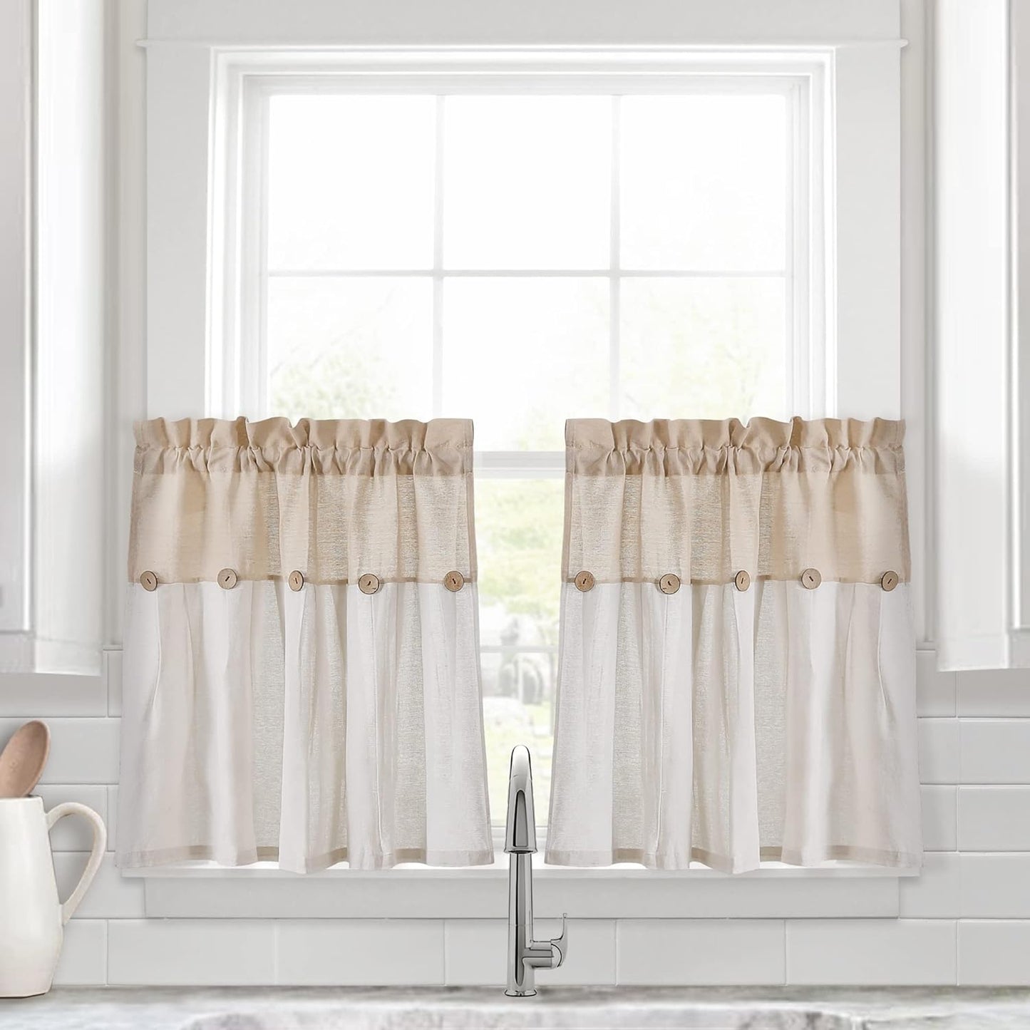 Lush Decor Linen Button Farmhouse Curtains Tier Set, Pair, 29" W x 36" L, Gray & White Farmhouse Curtains Kitchen