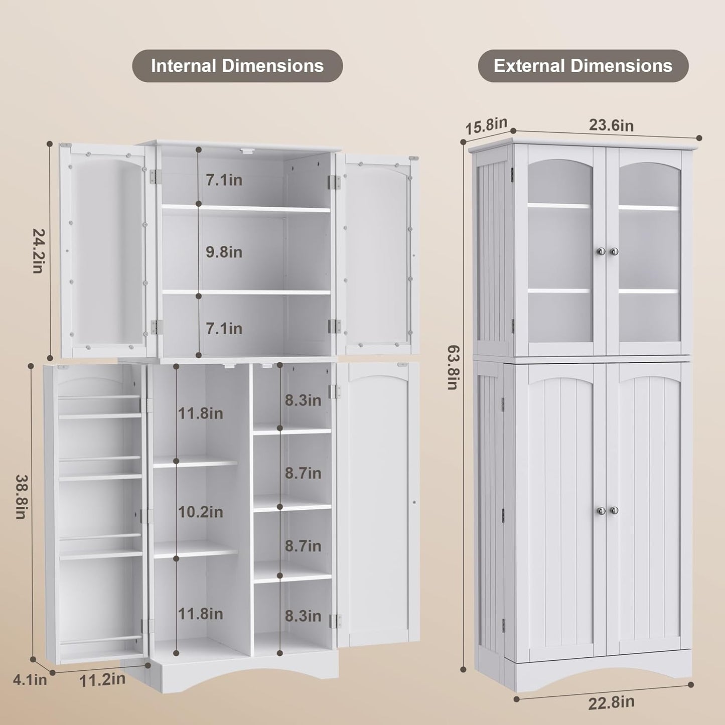 Gizoon 64" Kitchen Pantry Cabinet, Tall Storage Cabinet with Glass Doors and Adjustable Shelves, Freestanding Floor Cabinet Cupboard for Kitchen, Living Room, Dining Room (White)