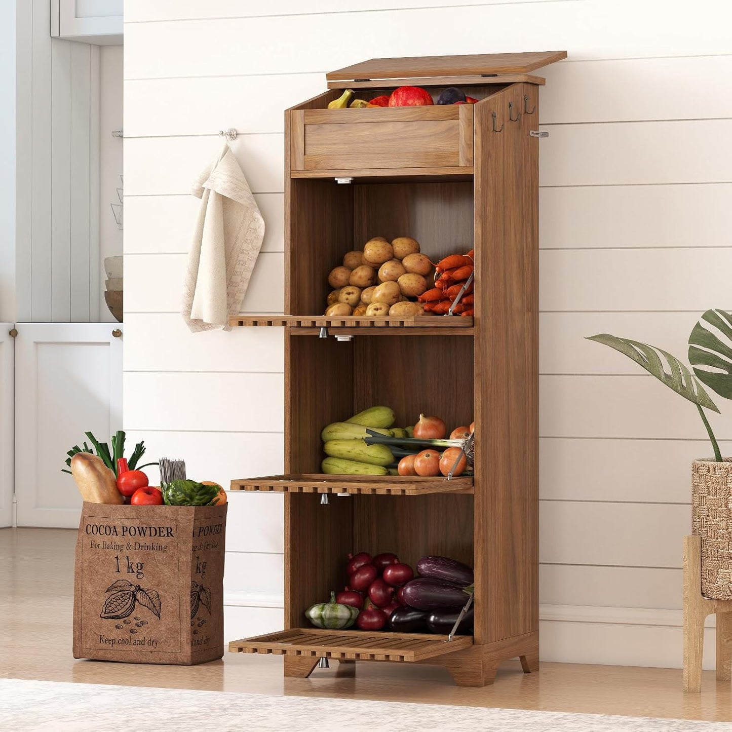 Potato Storage Bins, Farmhouse Wood Potato and Onion Storage Bins, Fruit and Vegetable Box, Food Small Kitchen Pantry Cabinet for Snack, Boho Large Wooden Bread Box, Magnetic Flip-top, 3 Tier