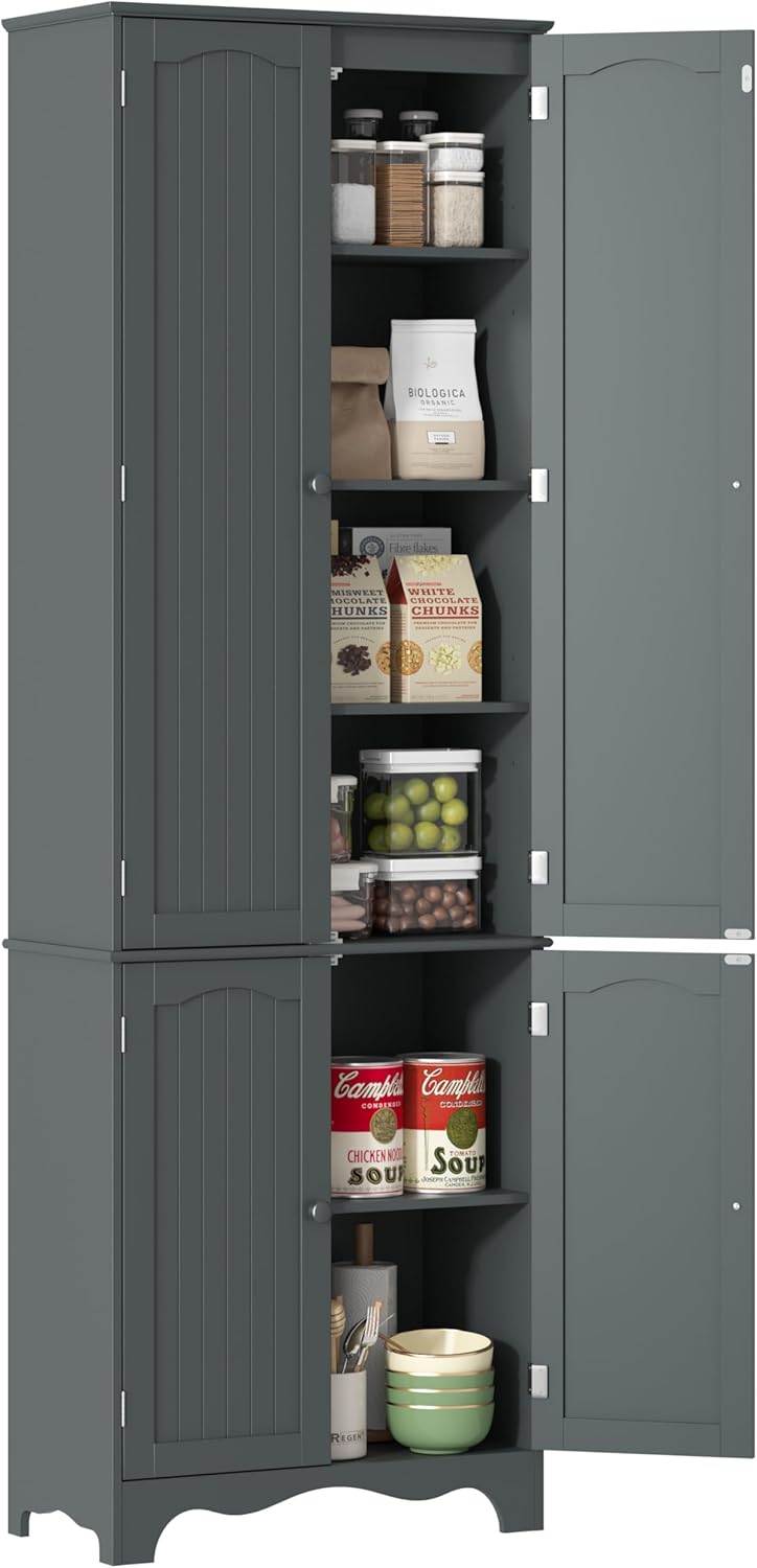 Yusong 72'' Tall Kitchen Pantry Cabinet, Freestanding Storage Cabinet with Doors and Shelves, Wooden Food Pantry Farmhouse Cupboard Buffet for Kitchen Dining Living Room, White