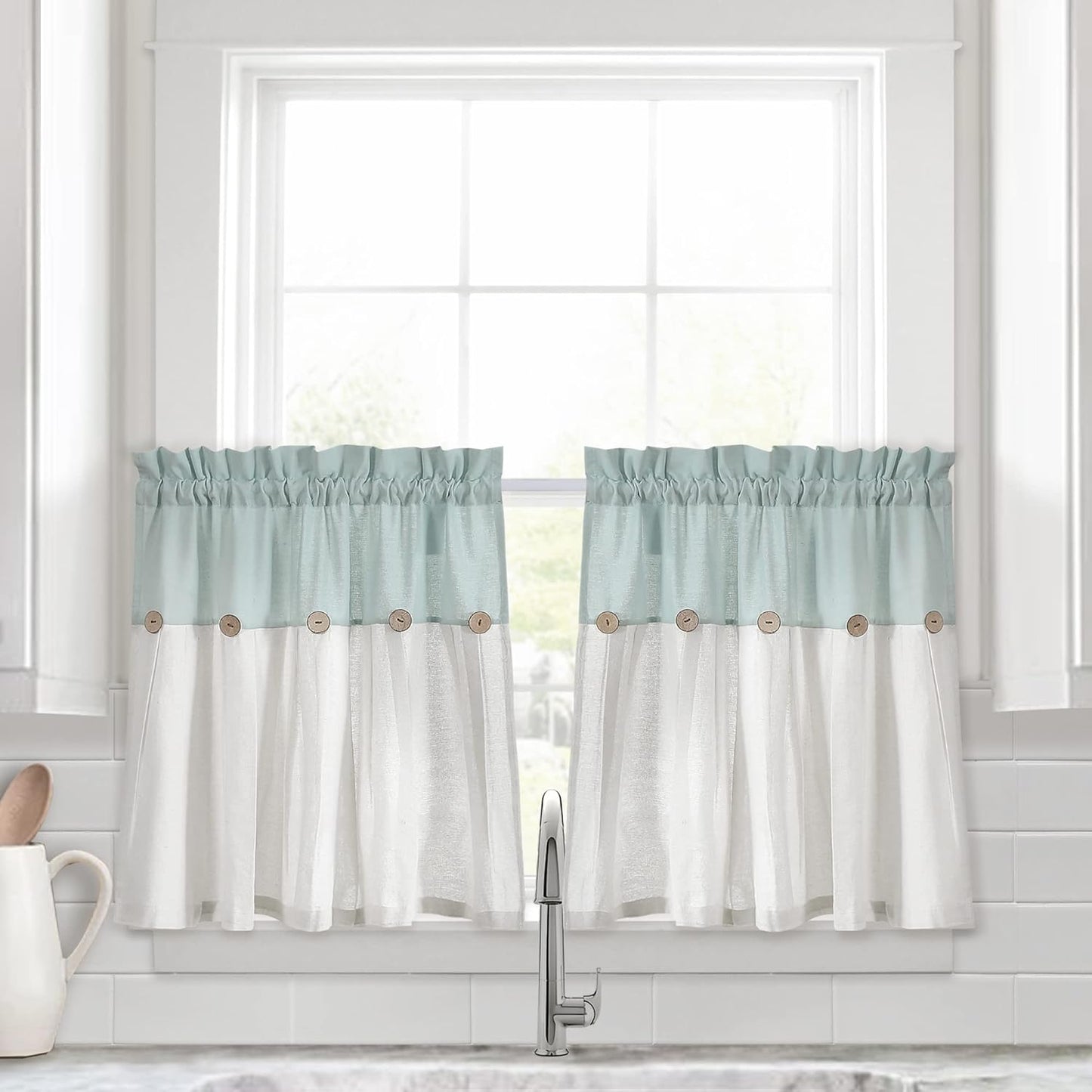 Lush Decor Linen Button Farmhouse Curtains Tier Set, Pair, 29" W x 36" L, Gray & White Farmhouse Curtains Kitchen