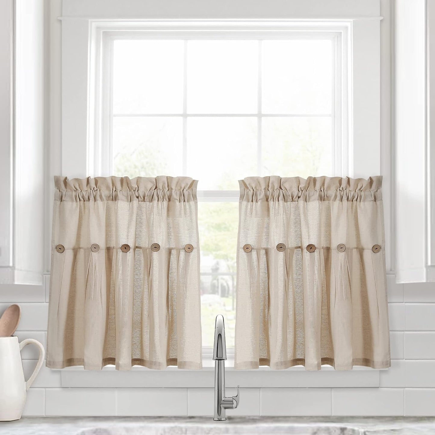 Lush Decor Linen Button Farmhouse Curtains Tier Set, Pair, 29" W x 36" L, Gray & White Farmhouse Curtains Kitchen