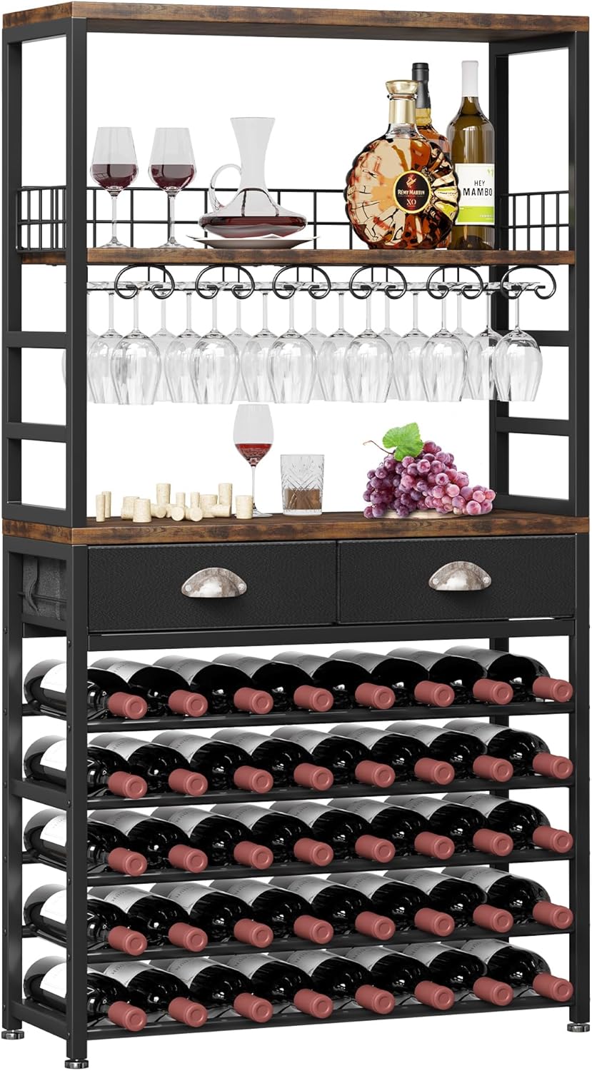Homeiju Wine Cabinet with Storage, Wine Rack Freestanding Floor, 6-Tier with Tabletop, Drawer and Wine Storage for Home Bars