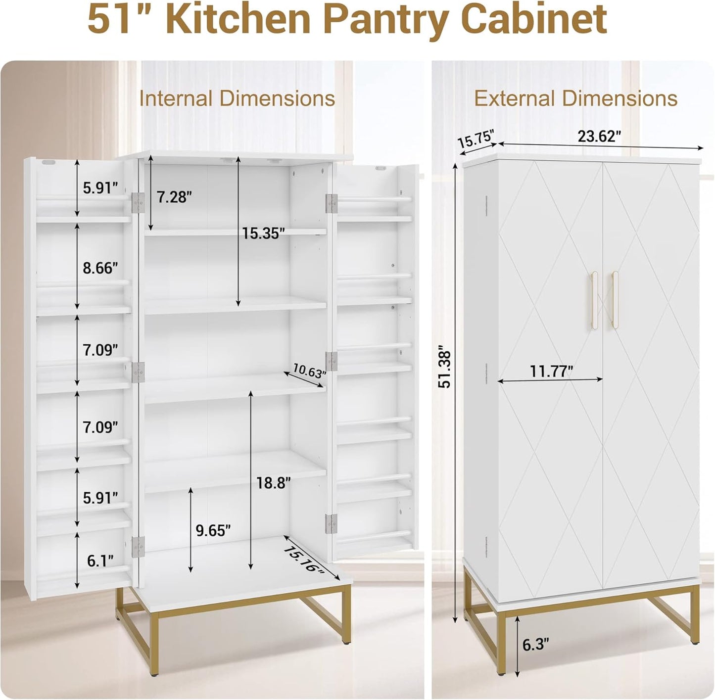 51” Pantry Cabinets, White Freestanding Kitchen Pantry Storage Cabinet with Adjustable Shelves, Buffet Cupboards Storage Cabinet for Home Office Use, White + Gold