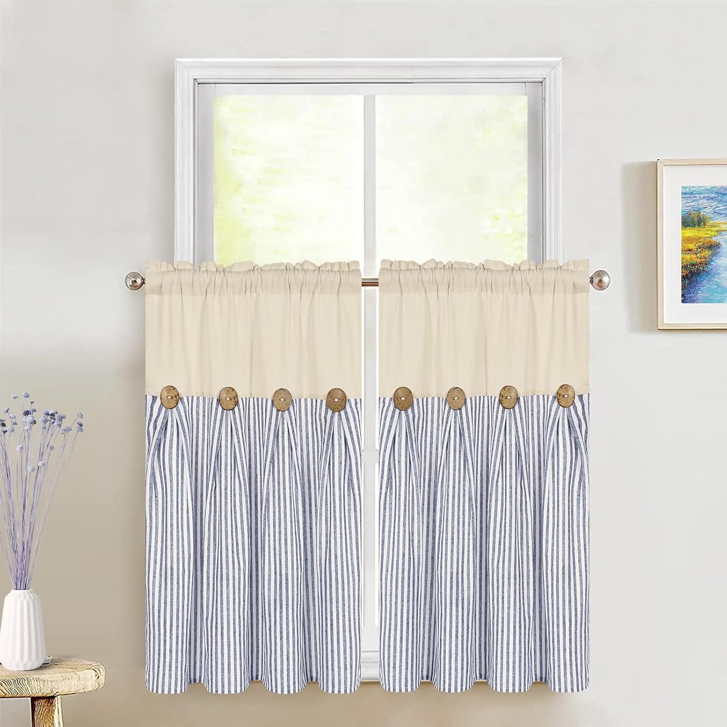 ASPMIZ Cotton Linen Window Treatment Tiers 24 Inch, Boho Rustic Button Kitchen Curtains Farmhouse Style, Grey Stripe Half Window Curtains, Country Short Rod Pocket Curtain for Small Window, 2 Panels