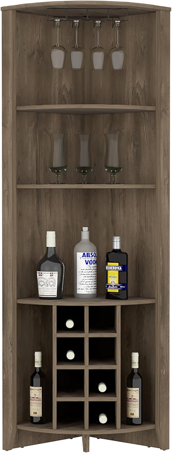 Penau Corner Bar Cabinet Three Shelves Eight Built-in Wine Rack Two Side Shelves Dark Brown 19.20 x 19.20 x 71.10 Inchs