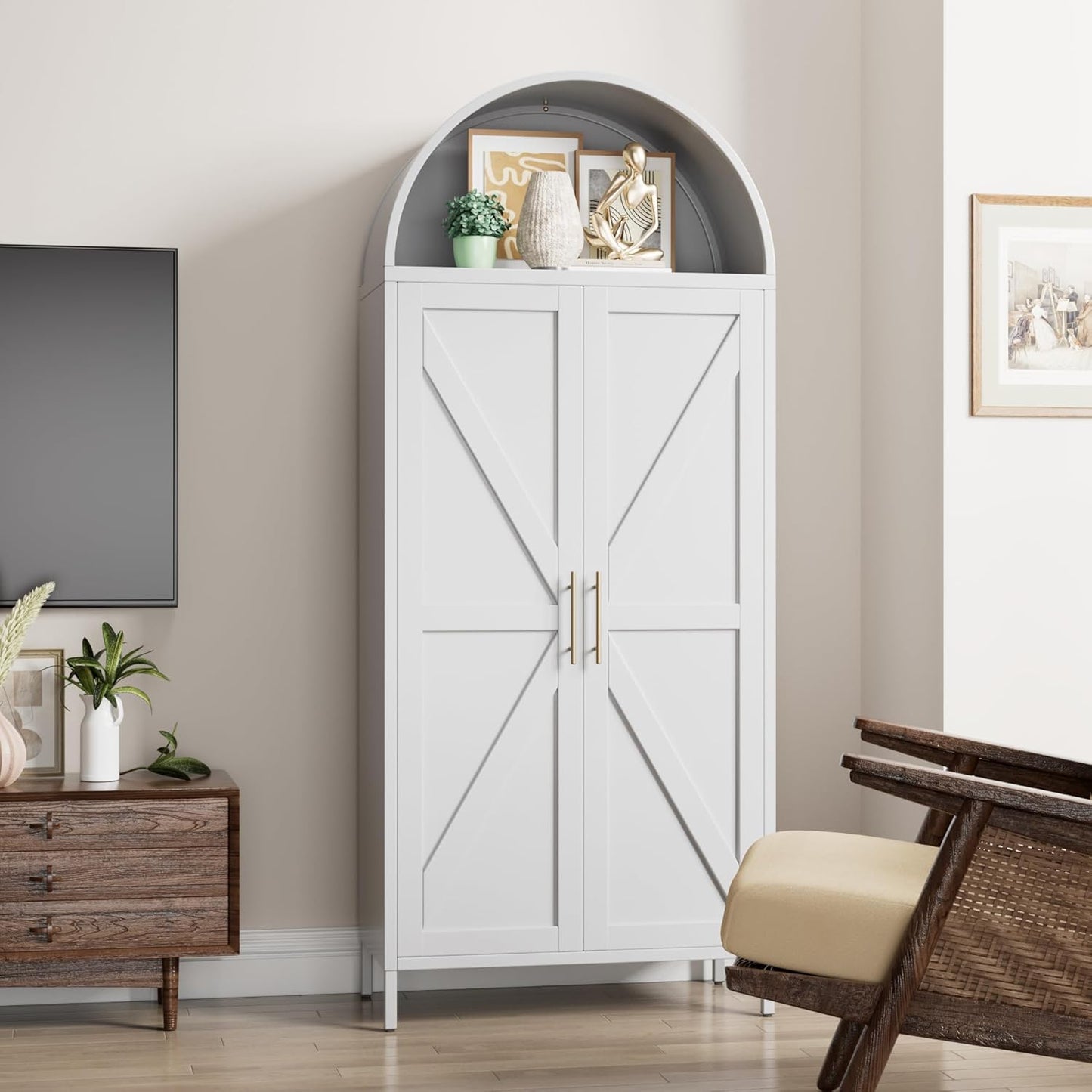 Tall Kitchen Pantry Cabinet, Metal Display Storage Cabinets with 4 Doors/2 Drawers for Kitchen Home Office Living Room, Assembly Required