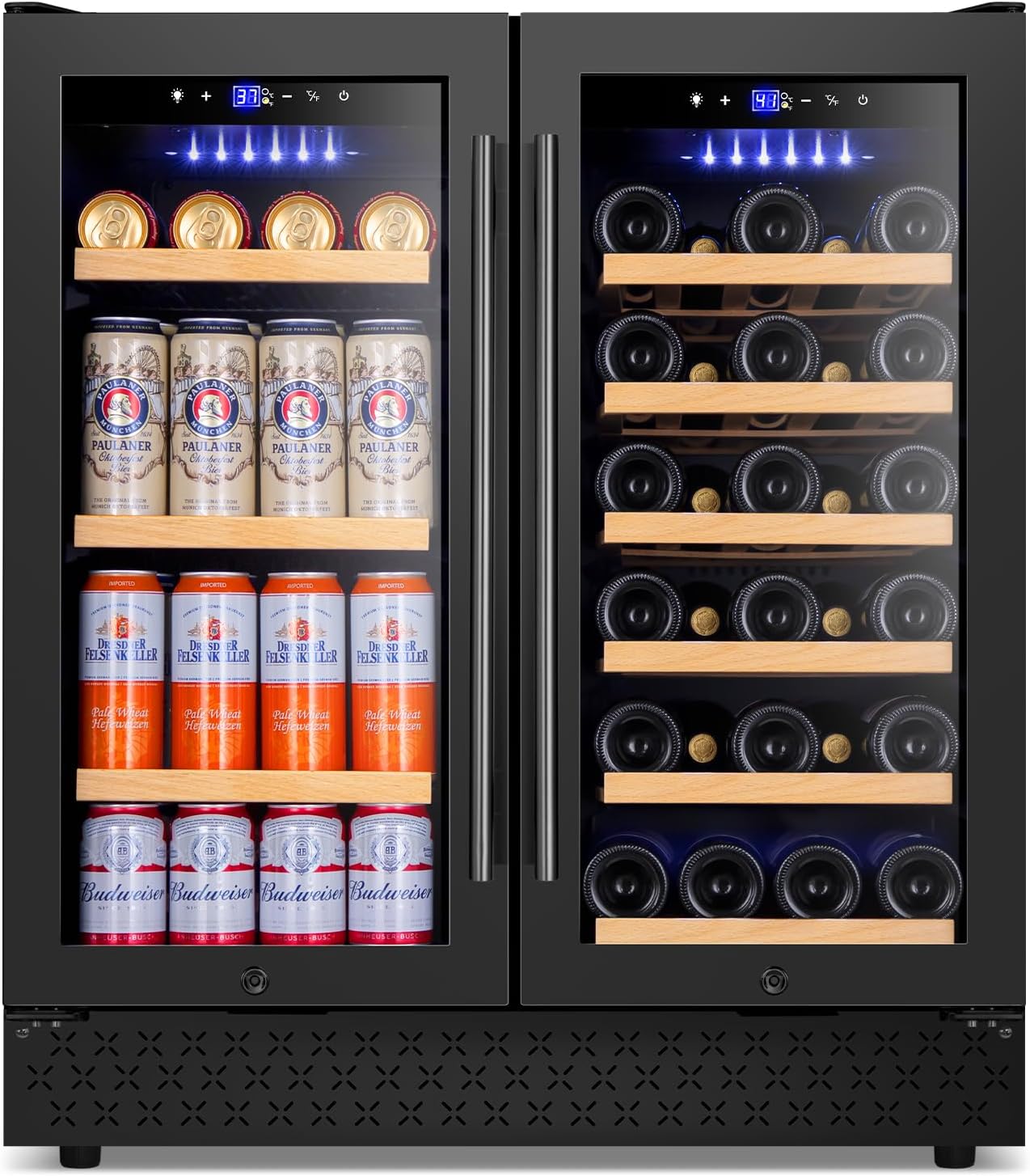 Tylza 24 Inch Wine and Beverage Refrigerator, Dual Zone Wine Beverage Cooler 24" with French Door, Under Counter Wine Beer Fridge Built-In or Freestanding, Holds 20 Bottles and 88 Cans, Black
