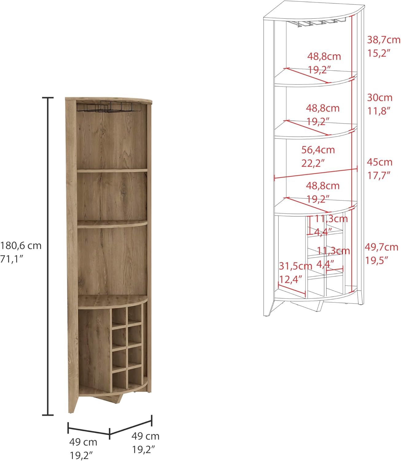Corner Bar Cabinet, Three Shelves, Eight Built in Wine Rack, Two Side Shelves Macadamia
