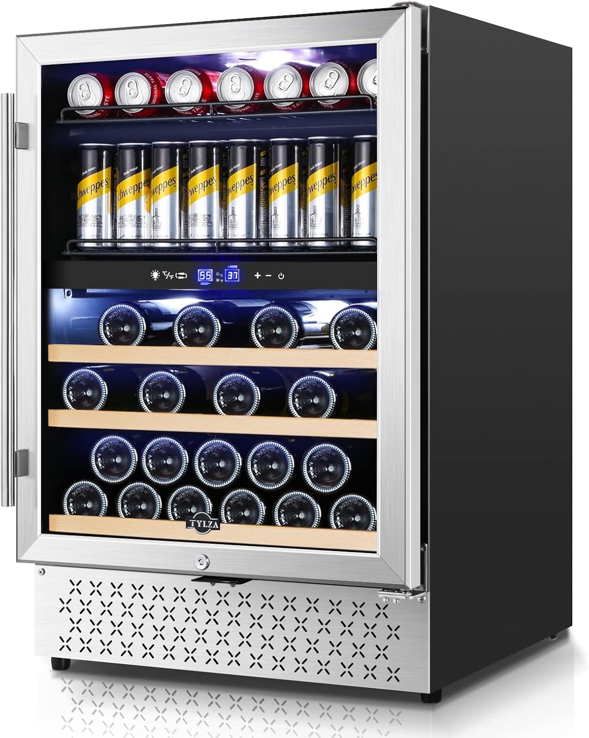 Tylza 24 Inch Wine and Beverage Refrigerator, Dual Zone Wine Beverage Cooler 24" with French Door, Under Counter Wine Beer Fridge Built-In or Freestanding, Holds 20 Bottles and 88 Cans, Black