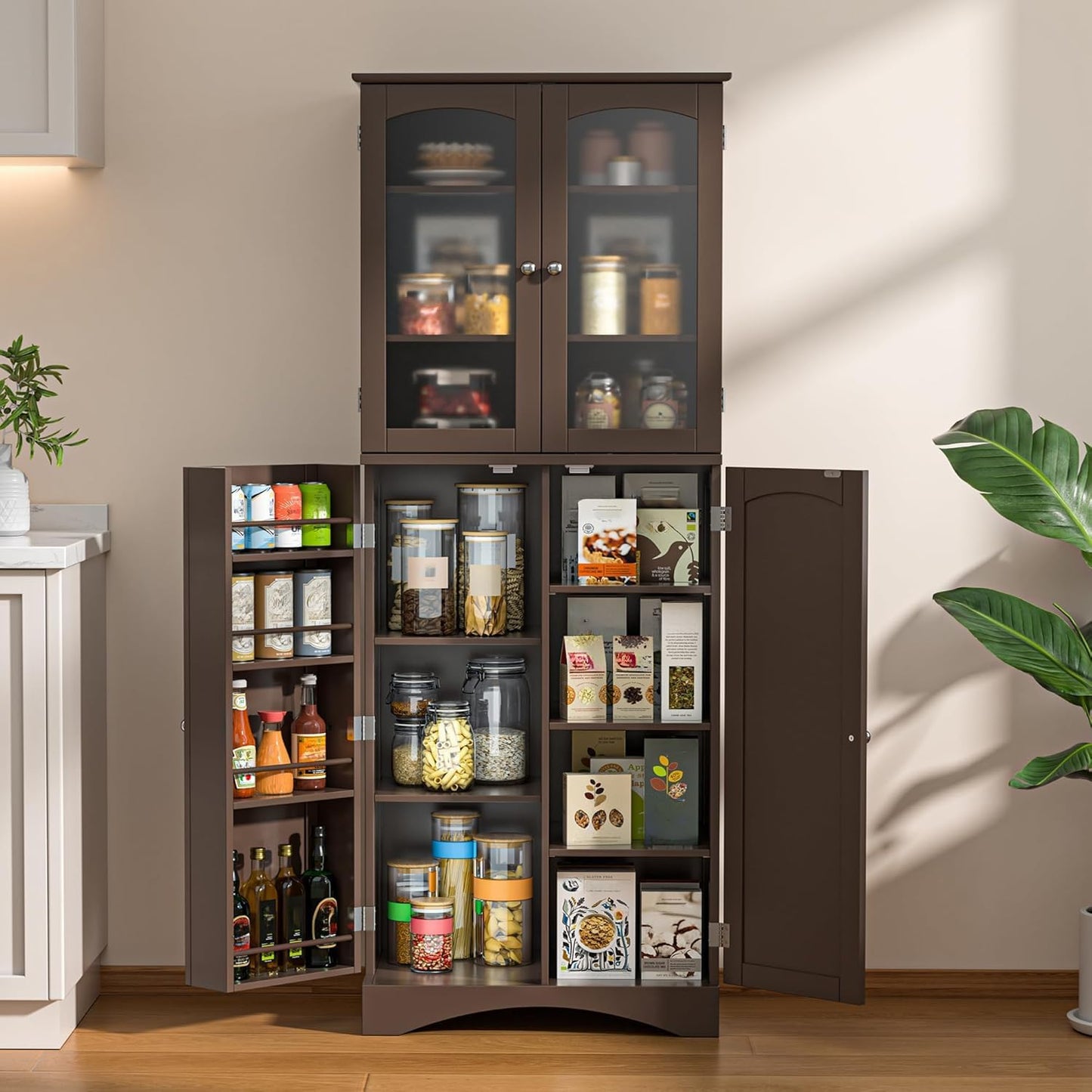 Gizoon 64" Kitchen Pantry Cabinet, Tall Storage Cabinet with Glass Doors and Adjustable Shelves, Freestanding Floor Cabinet Cupboard for Kitchen, Living Room, Dining Room (White)