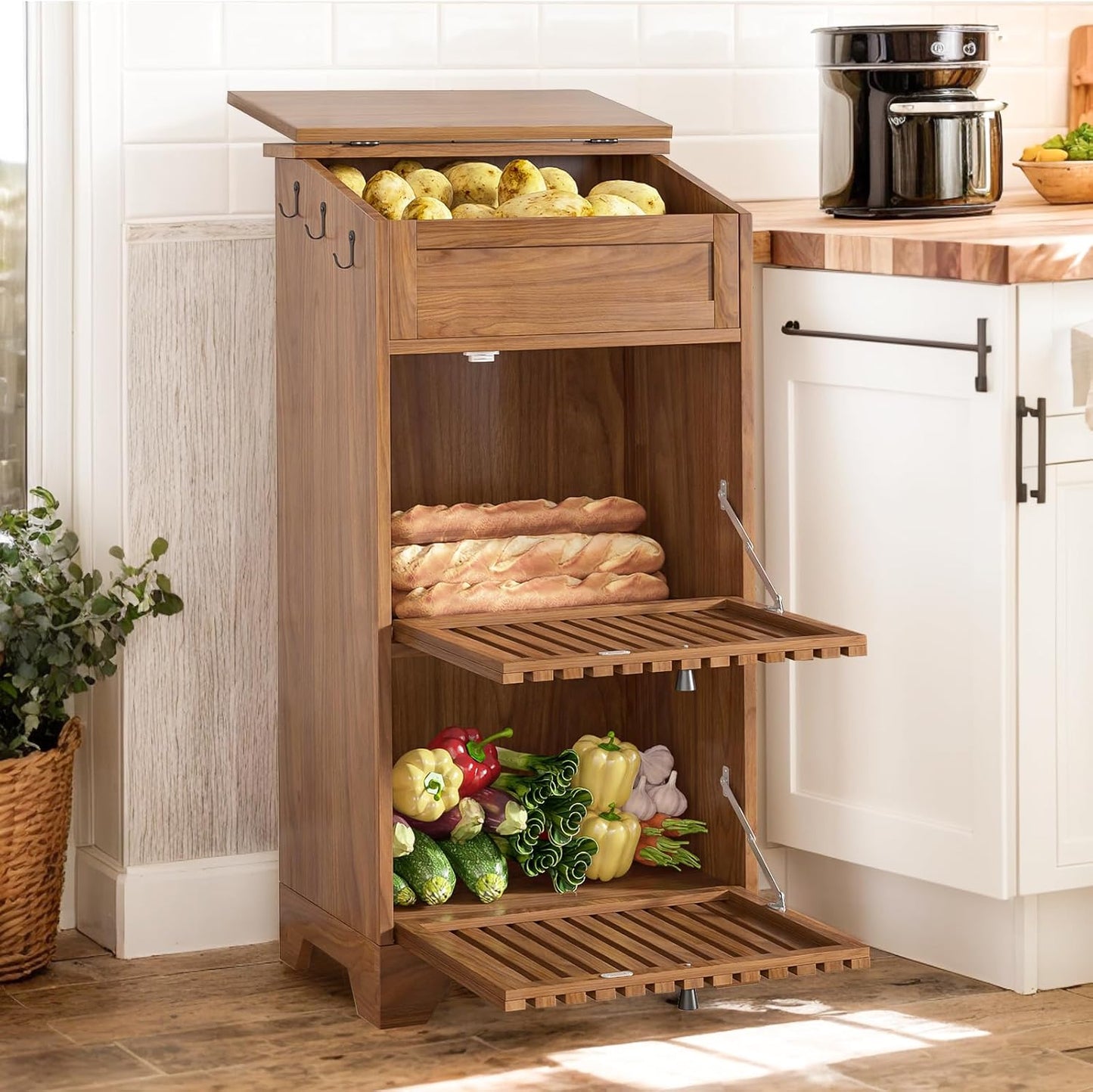 Potato Storage Bins, Farmhouse Wood Potato and Onion Storage Bins, Fruit and Vegetable Box, Food Small Kitchen Pantry Cabinet for Snack, Boho Large Wooden Bread Box, Magnetic Flip-top, 3 Tier