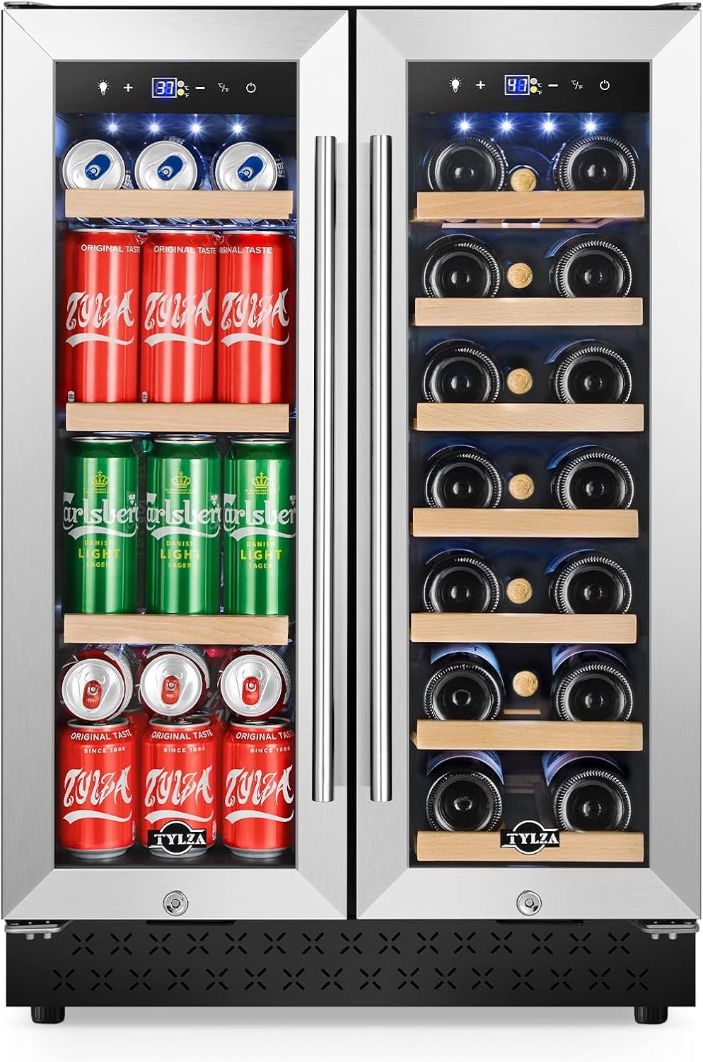 Tylza 24 Inch Wine and Beverage Refrigerator, Dual Zone Wine Beverage Cooler 24" with French Door, Under Counter Wine Beer Fridge Built-In or Freestanding, Holds 20 Bottles and 88 Cans, Black