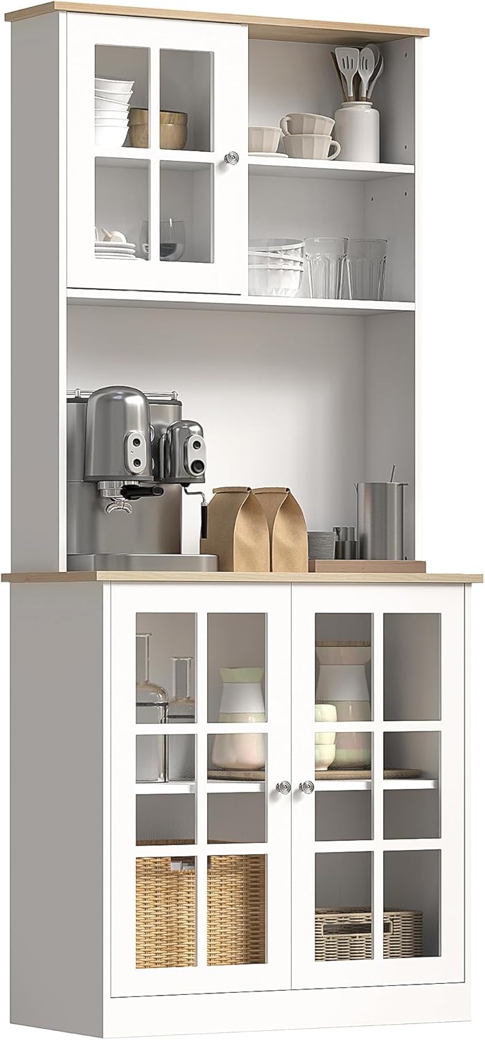 HOMCOM Kitchen Pantry Storage Cabinet, 72" Freestanding Cabinet with Hutch, Large Countertop, Glass Doors and Adjustable Shelves for Dining Room, Black