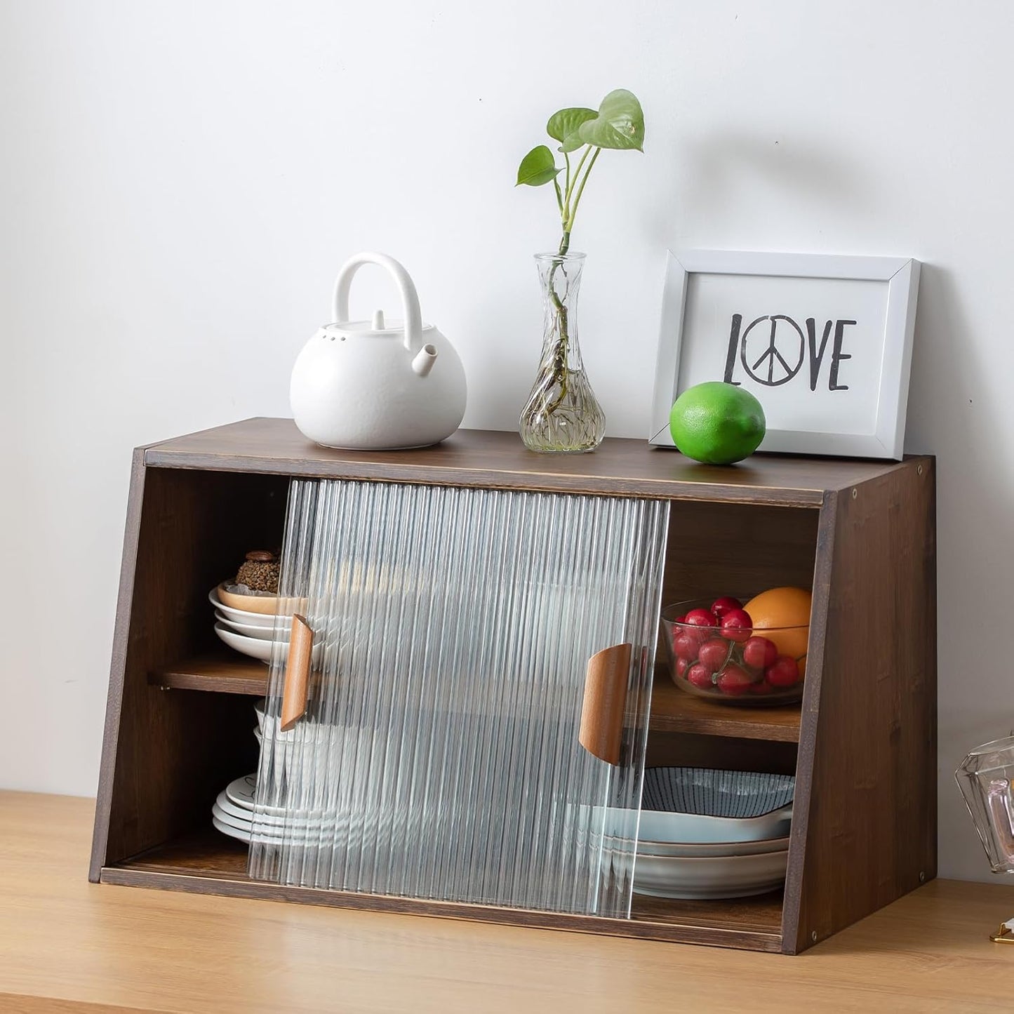 Tiita Small Kitchen Pantry Cabinet, Bamboo Wall Sideboard with Glass Doors, Cupboard Food Pantry Cabinet for Kitchen, Living Room and Dinning Bedroom