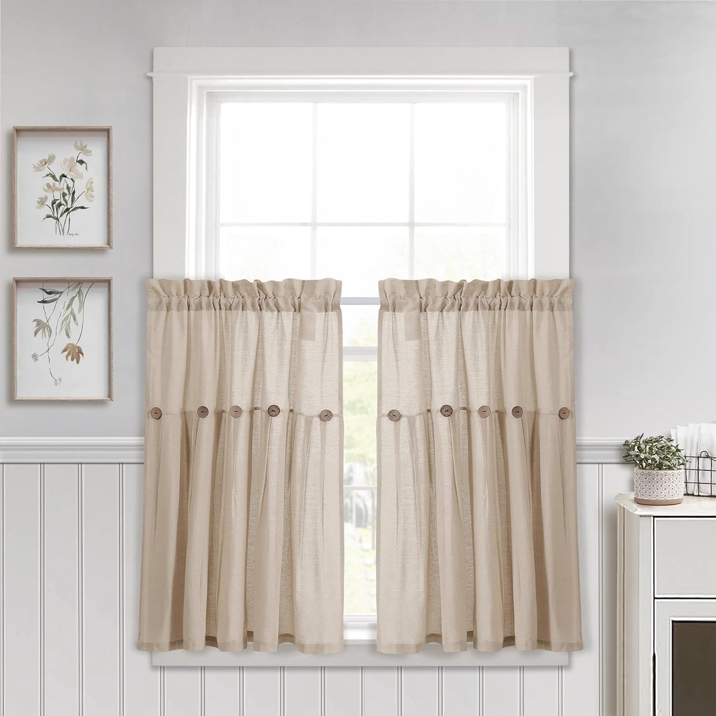 Lush Decor Linen Button Farmhouse Curtains Tier Set, Pair, 29" W x 36" L, Gray & White Farmhouse Curtains Kitchen