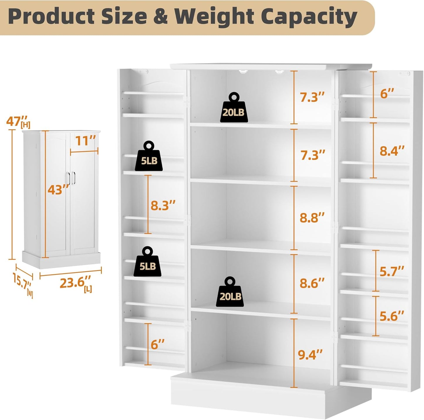 Kitchen Pantry Cabinet, Pantry Storage Cabinet with Adjustable Shelves and Drawer, Sideboard Buffet Cupboards Storage Shelf for Home Office Use (White, 16" D x 24" W x 47" H)