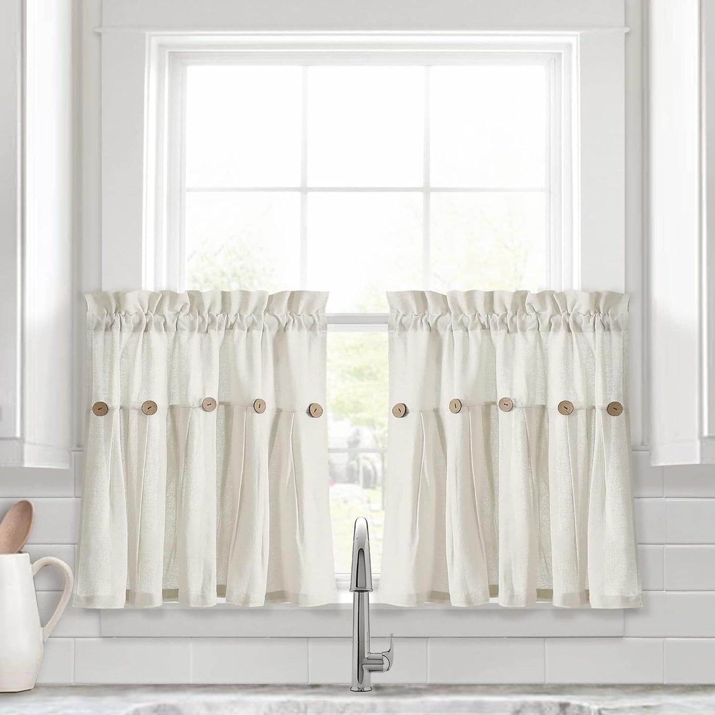 Lush Decor Linen Button Farmhouse Curtains Tier Set, Pair, 29" W x 36" L, Gray & White Farmhouse Curtains Kitchen