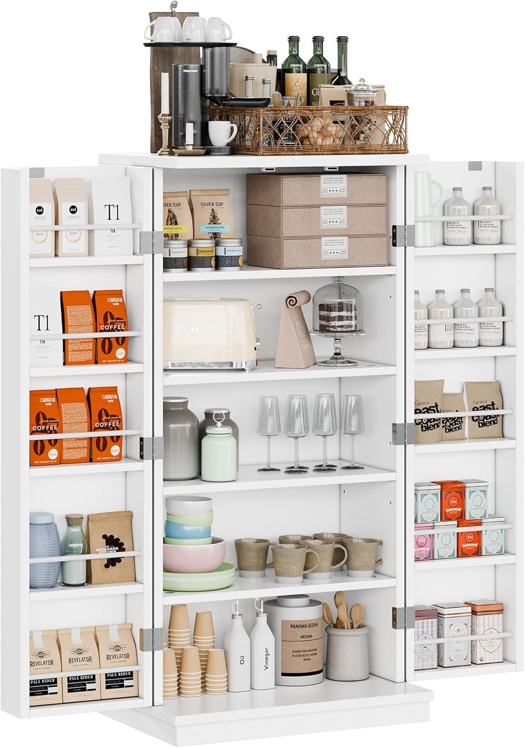 Shintenchi Kitchen Pantry Cabinet,5 - Layer Storage Cupboard with Adjustable Shelves for Organizing and Storing Food Items,47'' Versatile Buffet Sideboard for Kitchen, Bathroom and Laundry,White